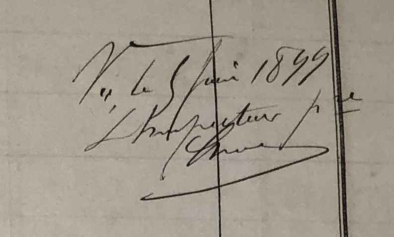 Signature de l'inspecteur primaire du 5 février 1899 trouvée dans le Catalogue de la bibliothèque scolaire (Archives municipales de Saint-Hilaires-lès-Andrésis). Signature de Inspecteur du 5 février 1899