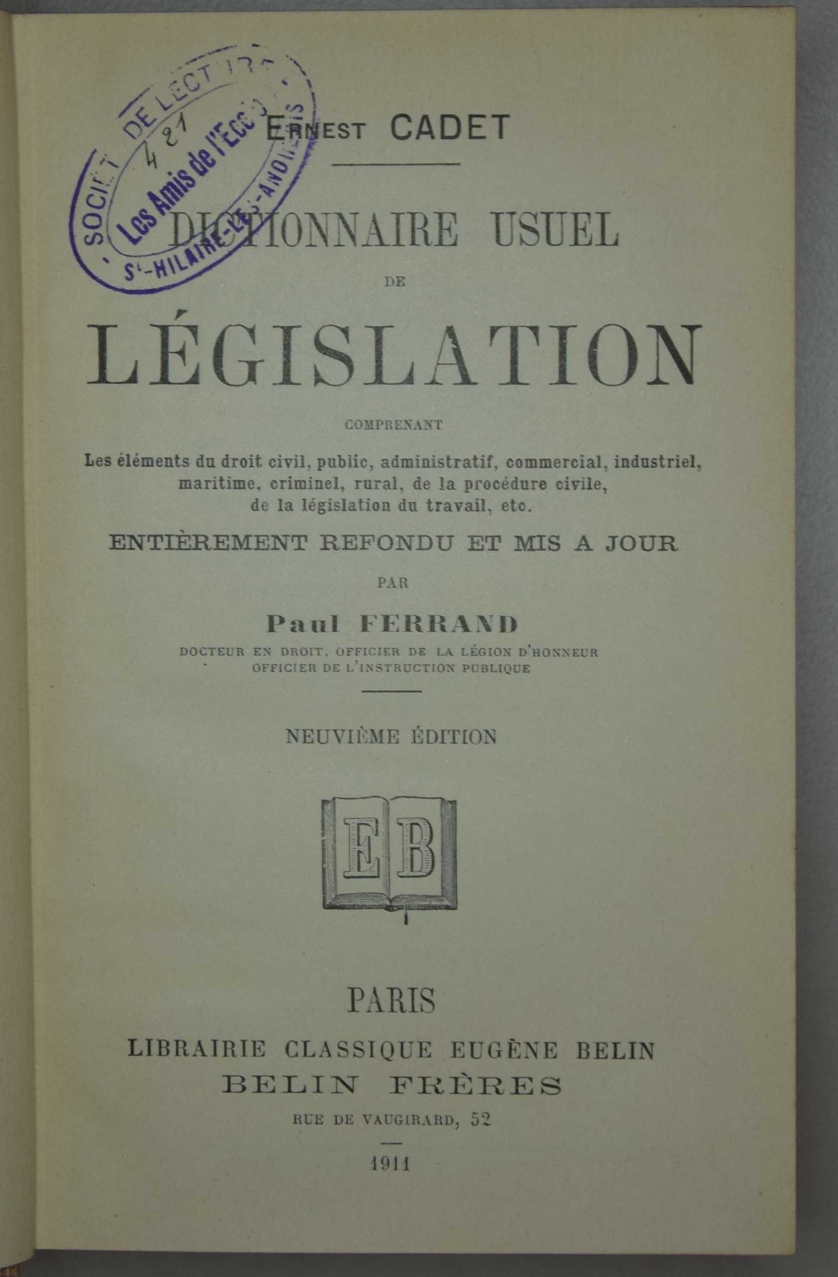 Page de titre avec le tampon des Amis de l'école